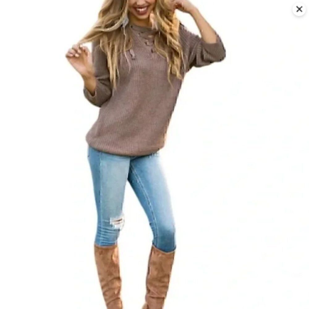 Military Hippe Lace Up V-neck Neck Green Knit Sweater one size - Picture 3 of 14